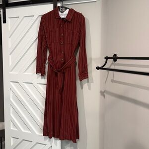Free People Maroon Pinstripe Belted Midi Shirt Dress